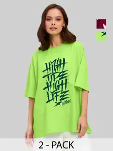 Leotude Women Pack Of 2 Typography Printed Round Neck Cotton Oversized T-shirts