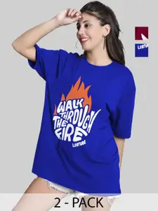 Leotude Women Pack Of 2 Typography Printed Round Neck Cotton Oversized T-shirts