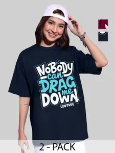 Leotude Women Pack Of 2 Typography Printed Round Neck Cotton Oversized T-shirts