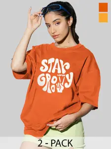 Leotude Women Pack Of 2 Typography Printed Round Neck Cotton Oversized T-shirts