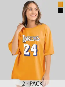 Leotude Women Pack Of 2 Typography Printed Round Neck Cotton Oversized T-shirts