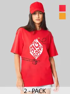 Leotude Women Pack Of 2 Typography Printed Round Neck Cotton Oversized T-shirts