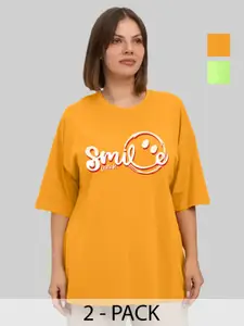 Leotude Women Pack Of 2 Typography Printed Round Neck Cotton Oversized T-shirts