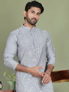 Jompers Geometric Embroidered Mandarin Collar Pure Cotton Straight Kurta With Pyjama