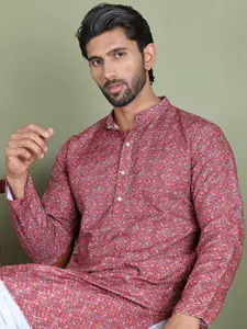 Jompers Ehtnic Motifs Printed Sequinned Band Collar Straight Kurta With Pyjama
