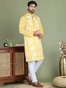 Jompers Floral Embroidered Chikankari Band Collar Straight Kurta With Pyjama