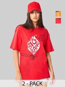 Leotude Women Pack Of 2 Typography Printed Round Neck Cotton Oversized T-shirts