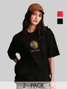 Leotude Women Pack Of 2 Graphic Printed Round Neck Cotton Oversized T-shirts