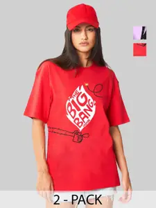 Leotude Women Pack Of 2 Graphic Printed Round Neck Cotton Oversized T-shirts