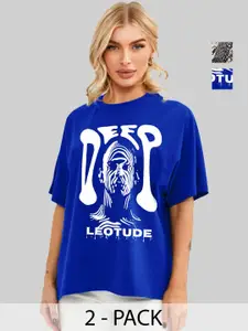 Leotude Women Pack Of 2 Graphic Printed Round Neck Cotton Oversized T-shirts