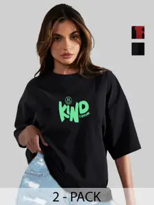 Leotude Women Pack Of 2 Typography Printed Round Neck Cotton Oversized T-shirts