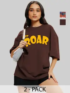 Leotude Women Pack Of 2 Typography Printed Round Neck Cotton Oversized T-shirts