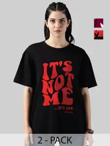 Leotude Women Pack Of 2 Typography Printed Round Neck Cotton Oversized T-shirts