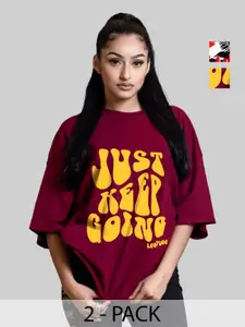 Leotude Women Pack Of 2 Typography Printed Round Neck Cotton Oversized T-shirts
