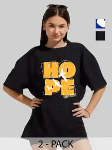 Leotude Women Pack Of 2 Typography Printed Round Neck Cotton Oversized T-shirts
