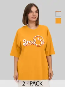 Leotude Women Pack Of 2 Typography Printed Round Neck Cotton Oversized T-shirts