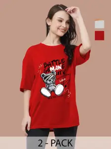 Leotude Women Pack Of 2 Graphic Printed Round Neck Cotton Oversized T-shirts