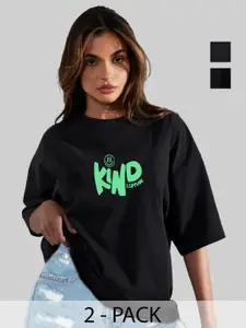 Leotude Women Pack Of 2 Graphic Printed Round Neck Cotton Oversized T-shirts