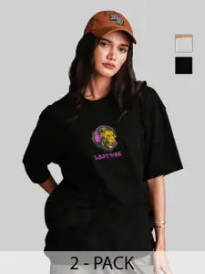 Leotude Women Pack Of 2 Graphic Printed Round Neck Cotton Oversized T-shirts