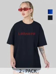 Leotude Women Pack Of 2 Typography Printed Round Neck Cotton Oversized T-shirts