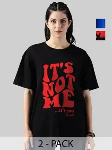 Leotude Women Pack Of 2 Typography Printed Round Neck Cotton Oversized T-shirts