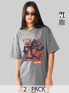 Leotude Women Pack Of 2 Typography Printed Round Neck Cotton Oversized T-shirts