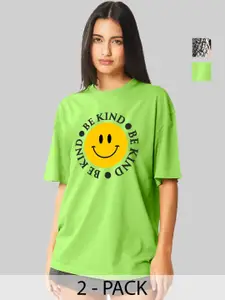 Leotude Women Pack Of 2 Graphic Printed Round Neck Cotton Oversized T-shirts