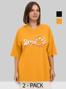 Leotude Women Pack Of 2 Graphic Printed Round Neck Cotton Oversized T-shirts