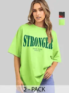 Leotude Women Pack Of 2 Graphic Printed Round Neck Cotton Oversized T-shirts