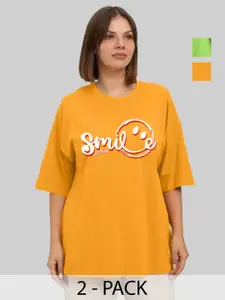 Leotude Women Pack Of 2 Typography Printed Round Neck Cotton Oversized T-shirts