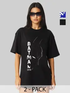 Leotude Women Pack Of 2 Batman Graphic Printed Round Neck Cotton Oversized T-shirts