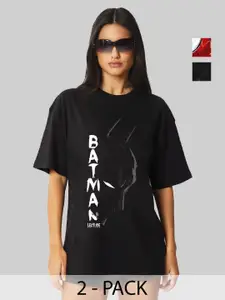 Leotude Women Pack Of 2 Batman Graphic Printed Round Neck Cotton Oversized T-shirts