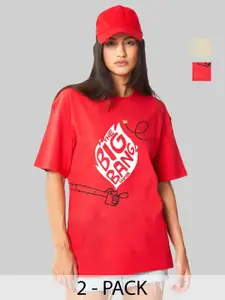 Leotude Women Pack Of 2 Graphic Printed Round Neck Cotton Oversized T-shirts