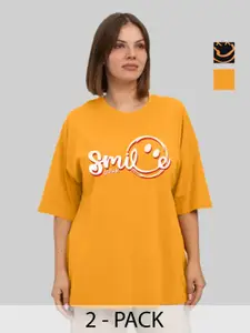 Leotude Women Pack Of 2 Graphic Printed Round Neck Cotton Oversized T-shirts