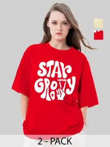 Leotude Women Pack Of 2 Typography Printed Round Neck Cotton Oversized T-shirts