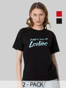 Leotude Women Pack Of 2 Graphic Printed Round Neck Cotton Oversized T-shirts