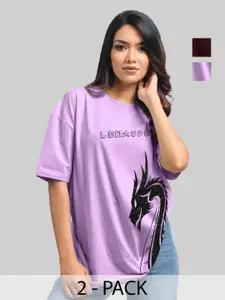 Leotude Women Pack Of 2 Graphic Printed Round Neck Cotton Oversized T-shirts