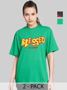 Leotude Women Pack Of 2 Graphic Printed Round Neck Cotton Oversized T-shirts