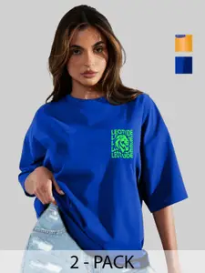 Leotude Women Pack Of 2 Typography Printed Round Neck Cotton Oversized T-shirts