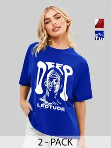 Leotude Women Pack Of 2 Graphic Printed Round Neck Cotton Oversized T-shirts