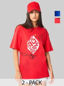 Leotude Women Pack Of 2 Typography Printed Round Neck Cotton Oversized T-shirts