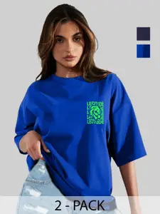 Leotude Women Pack Of 2 Graphic Printed Round Neck Cotton Oversized T-shirts