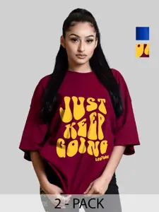 Leotude Women Pack Of 2 Typography Printed Round Neck Cotton Oversized T-shirts