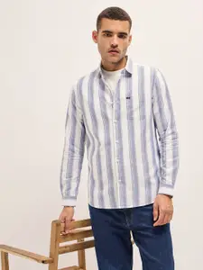 THE BEAR HOUSE Men Slim Fit Spread Collar Vertical Striped Cotton Casual Shirt