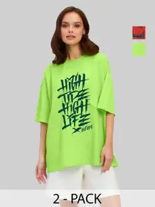 Leotude Women Pack Of 2 Typography Printed Round Neck Cotton Oversized T-shirts