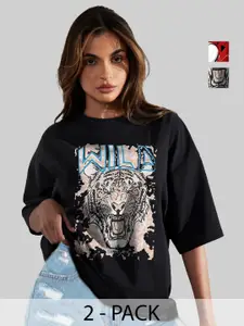 Leotude Women Pack Of 2 Graphic Printed Round Neck Cotton Oversized T-shirts