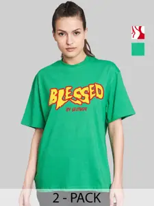 Leotude Women Pack Of 2 Typography Printed Round Neck Cotton Oversized T-shirts