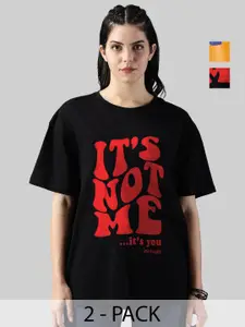 Leotude Women Pack Of 2 Typography Printed Round Neck Cotton Oversized T-shirts