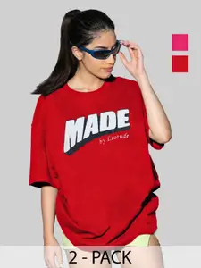 Leotude Women Pack Of 2 Typography Printed Round Neck Cotton Oversized T-shirts