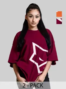 Leotude Women Pack Of 2 Graphic Printed Round Neck Cotton Oversized T-shirts